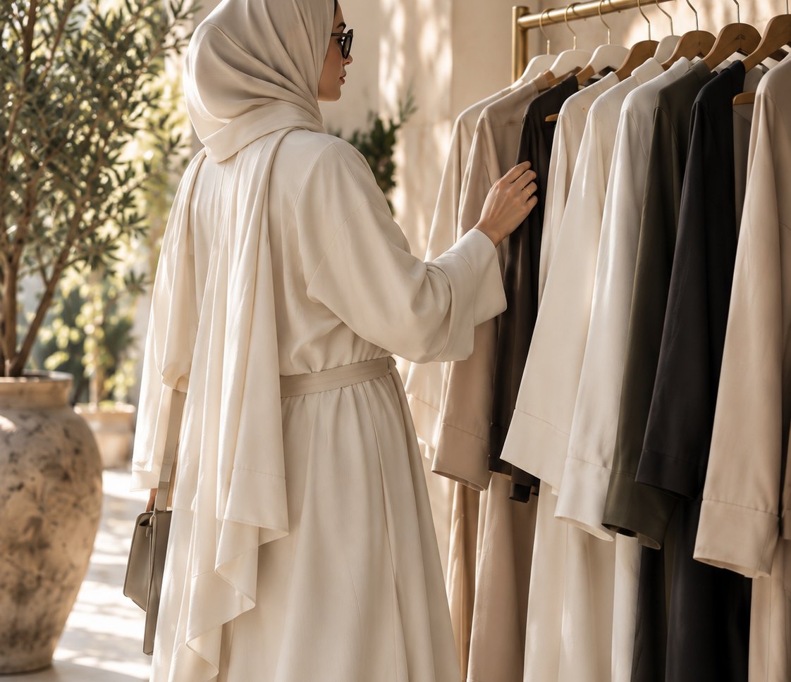 A rail of clothes in neutral tones