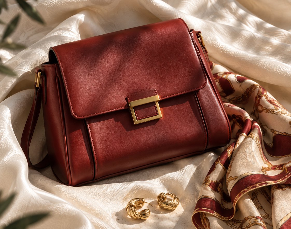 A red leather handbag on a pale surface