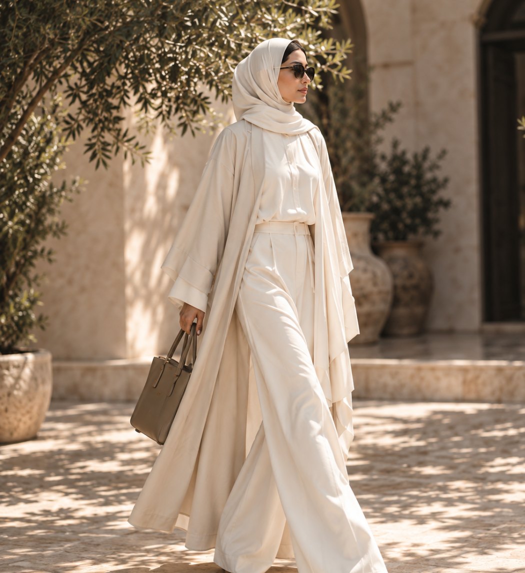 A woman outdoors in a soft beige coat