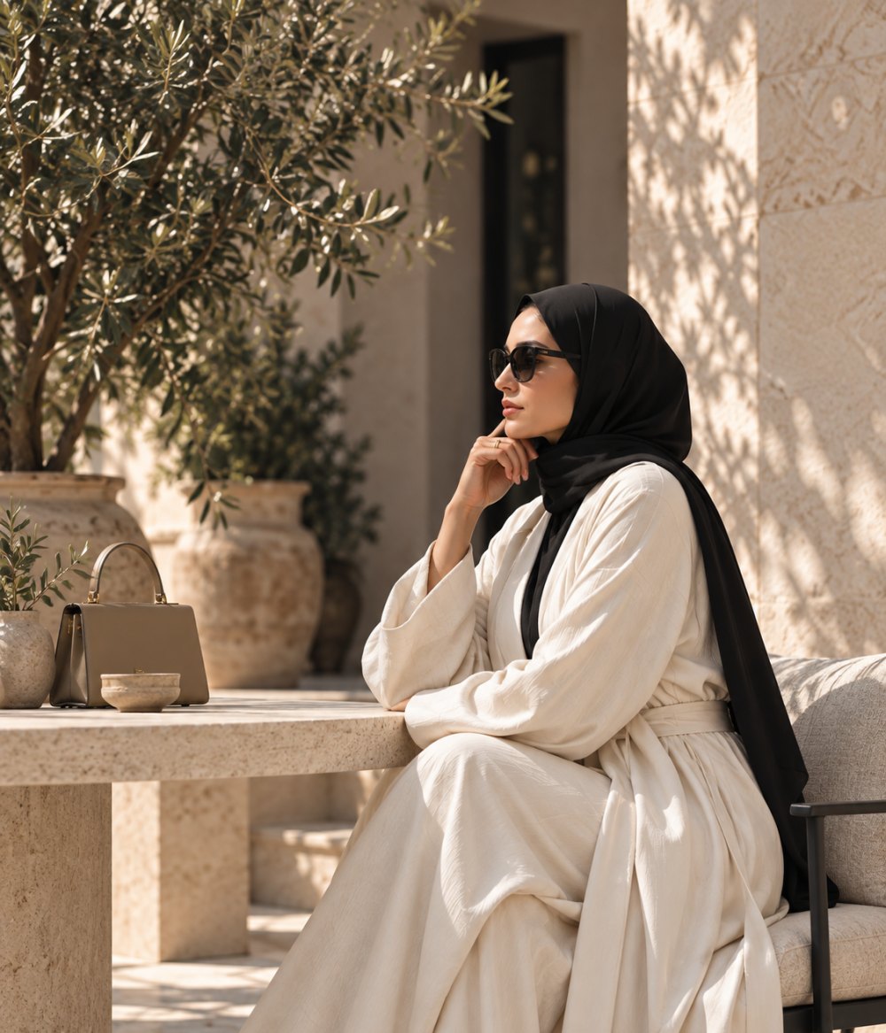 A woman in cream standing against a stone wall