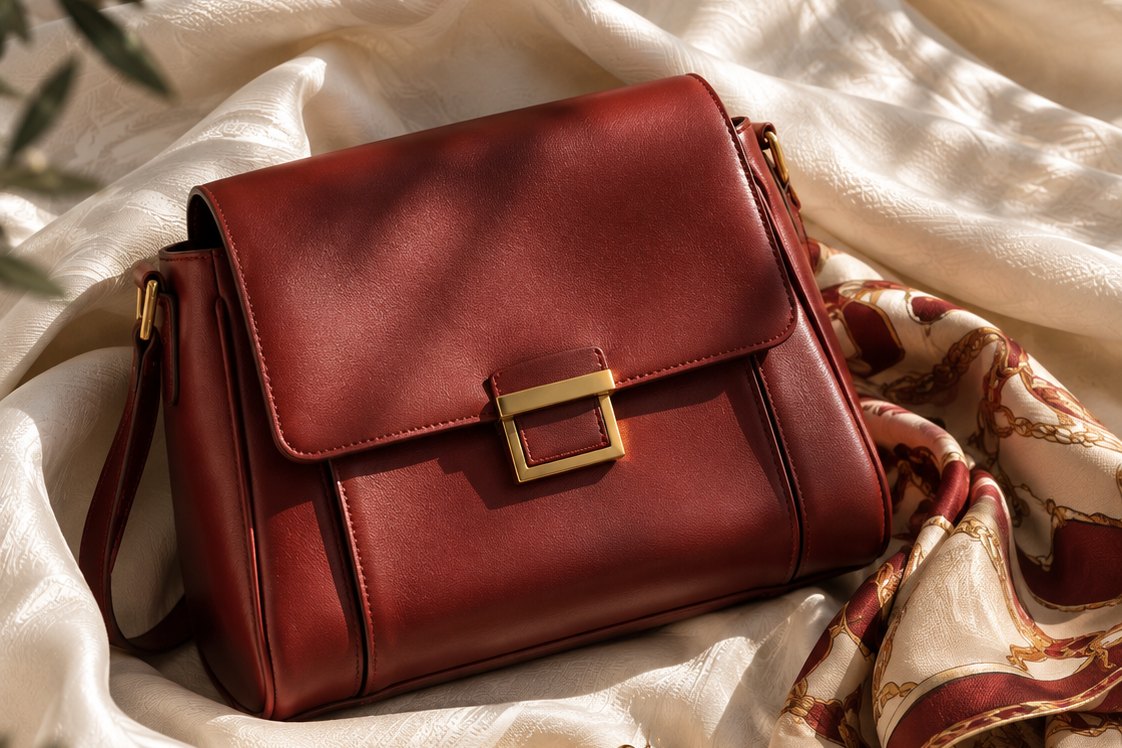 A red leather bag resting on silk