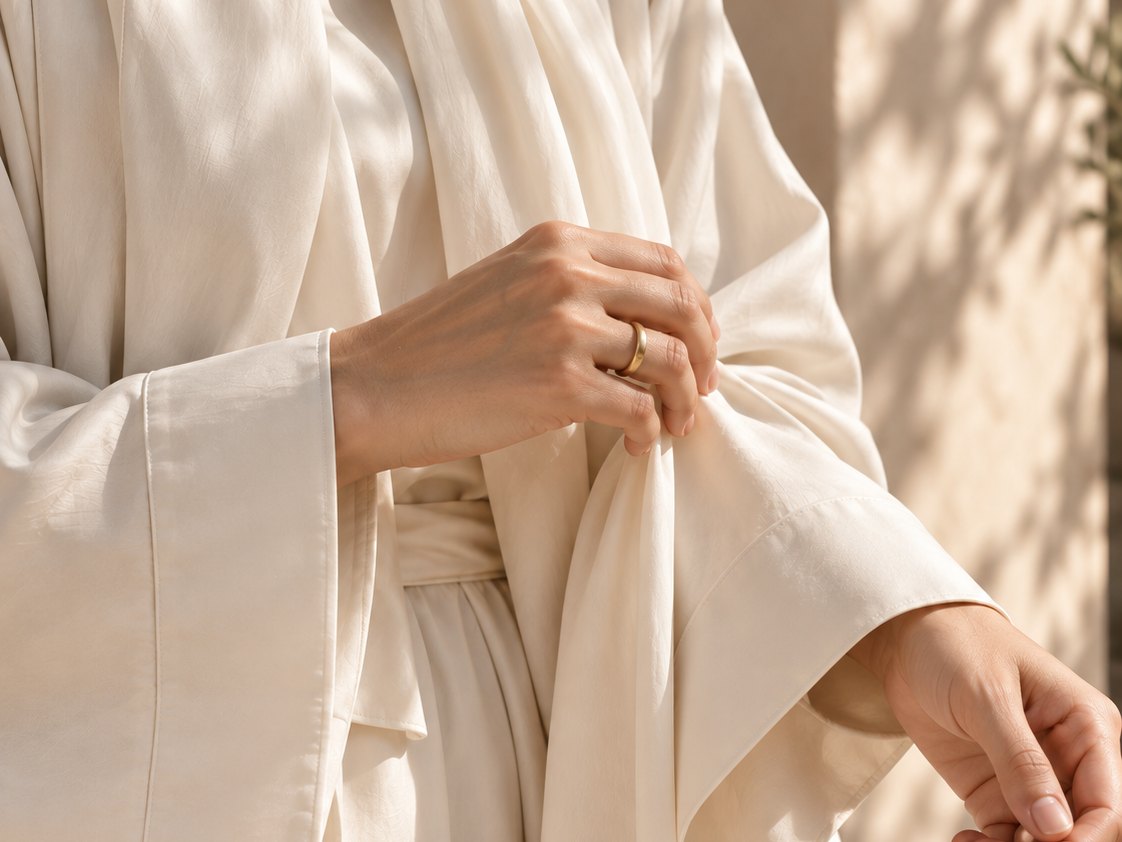 Hands resting on the folds of a linen dress