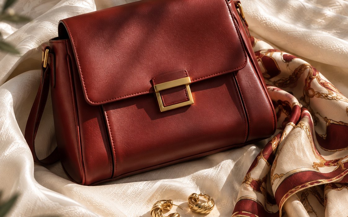 A red leather bag with a silk scarf
