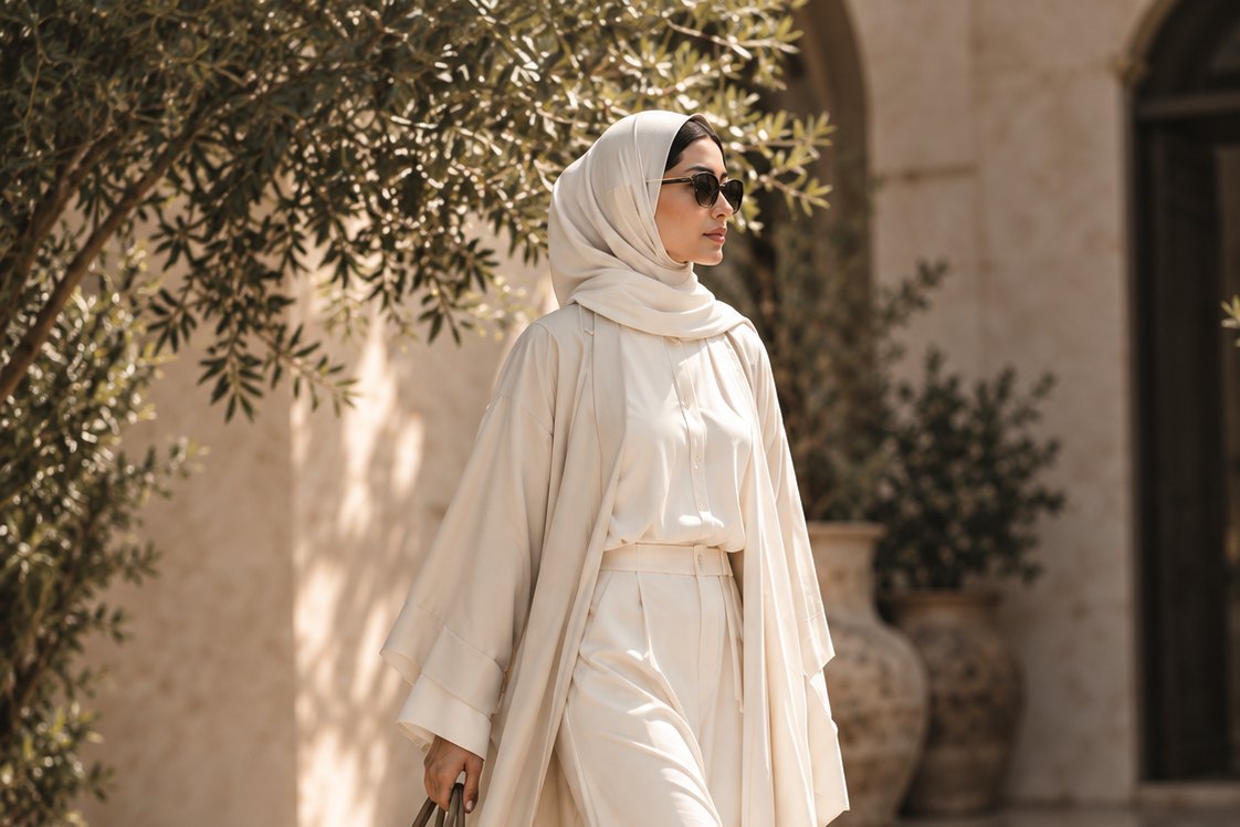 A woman in cream walking through a courtyard