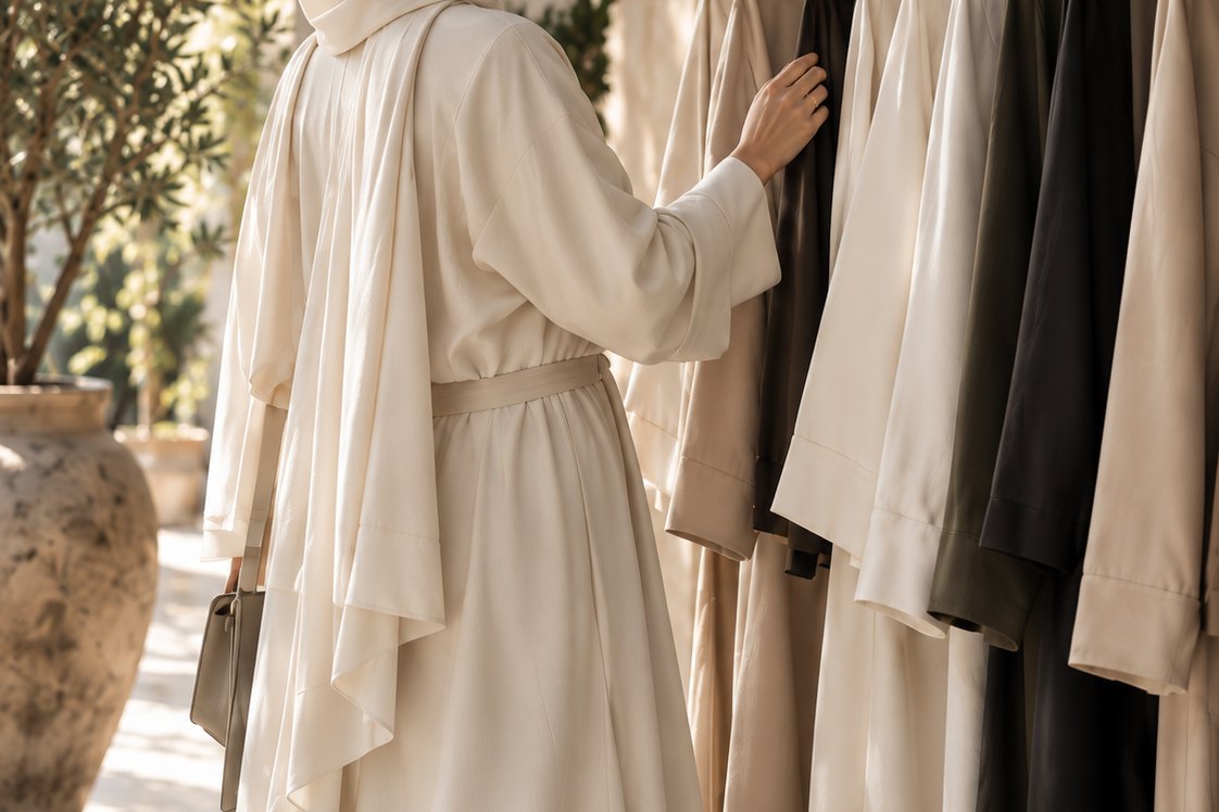 A woman choosing from a rail of clothes