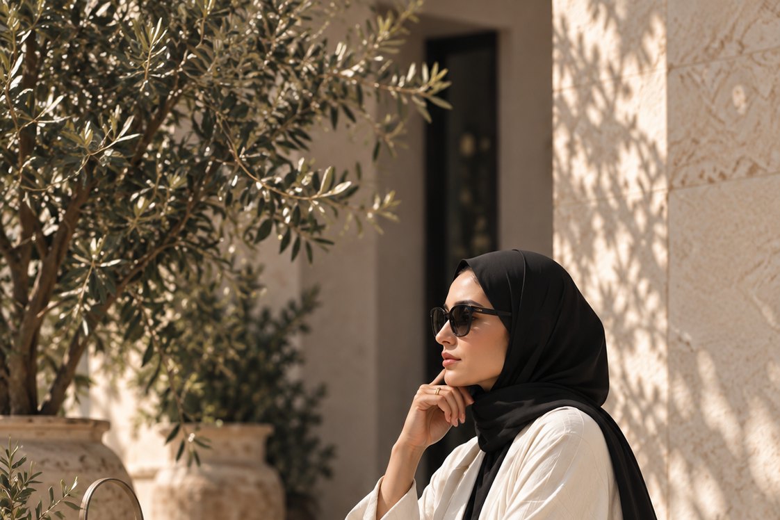 A woman seated in the shade of an olive tree
