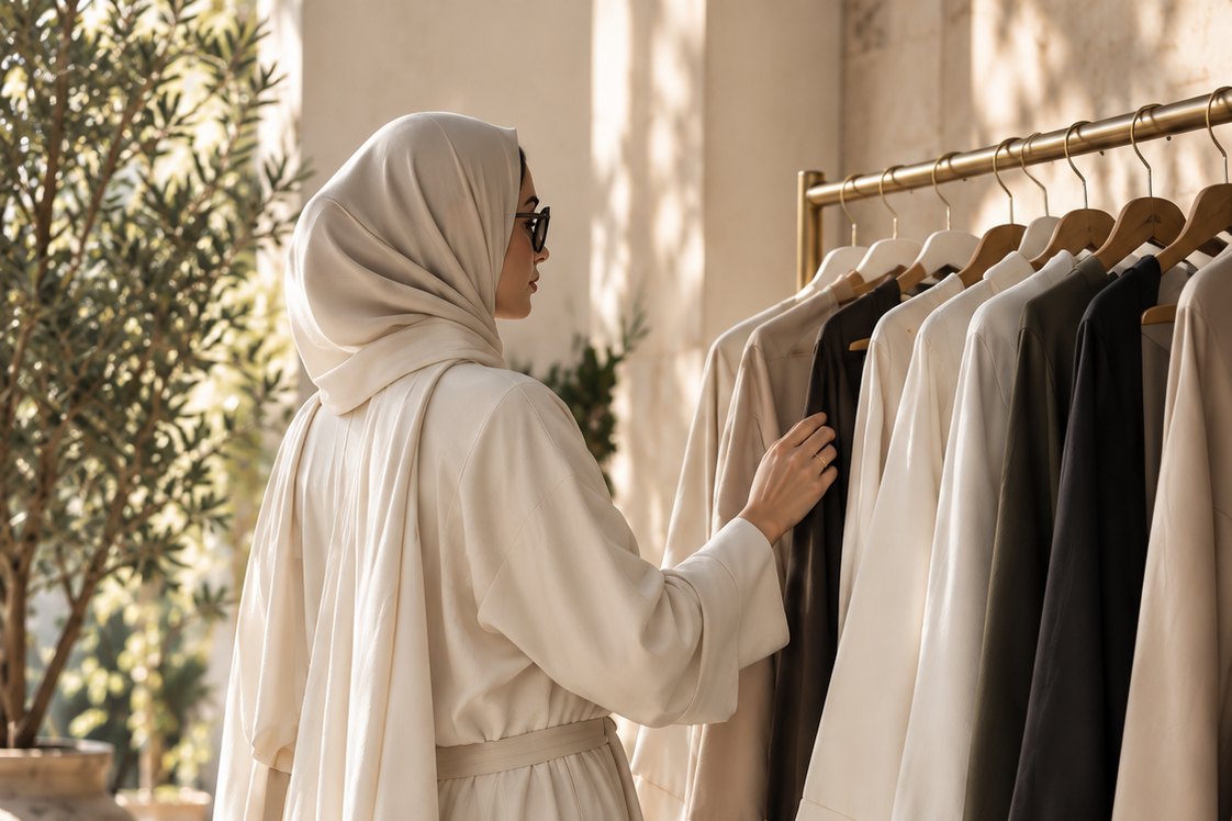 A woman choosing from a rail of clothes